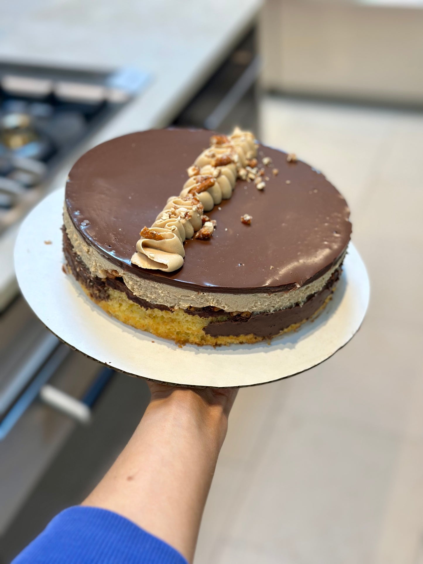 Candied Pretzel Cookie Butter Mousse Cake, Parve