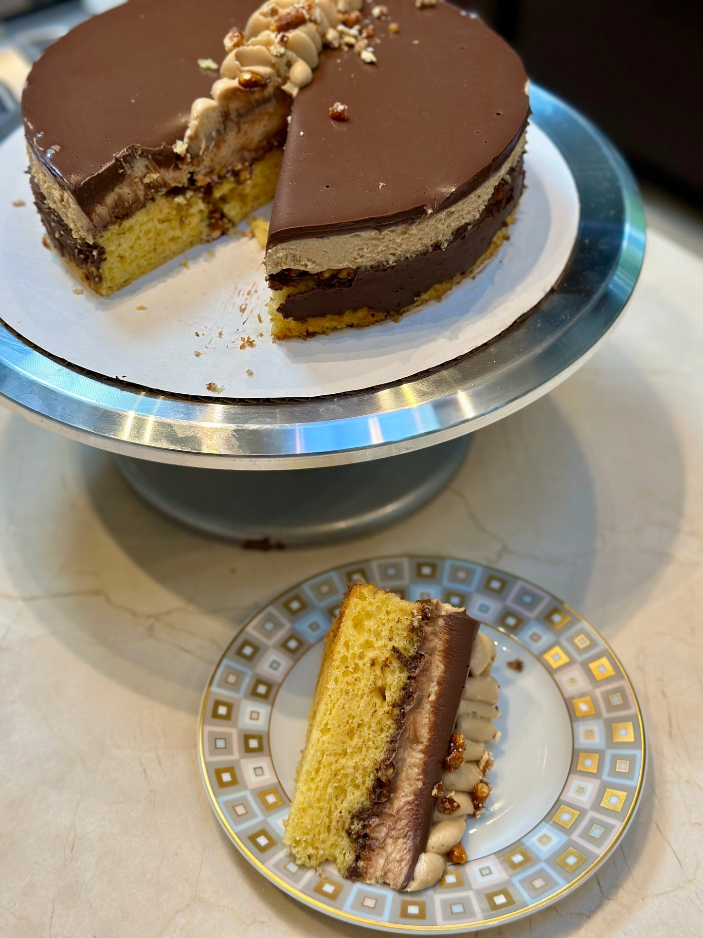 Candied Pretzel Cookie Butter Mousse Cake, Parve